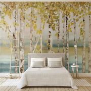 北欧手绘树林油画壁纸客厅，墙布卧室电视背景墙纸，大型定制无缝壁画