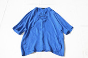 舒适透气铜氨丝短袖t恤宝蓝色系带，宽松蝙蝠袖，上衣纯色休闲衬衫夏