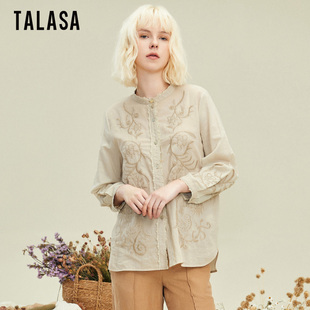 talasa商场同款纯棉刺绣立领，衬衫女2024春民族风设计百搭时尚