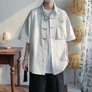 中国风翠竹叶刺绣冰丝，盘扣衬衫男长袖，新中式休闲帅气复古衬衣短袖
