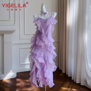 夏季气质优雅紫色吊带小礼服中长款修身多层荷叶边仙女连衣裙