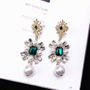Y9韩版时尚人造祖母绿宝石耳环镶钻仿珍珠奢华宴会网红长款耳