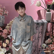 高甜梨涡童装男童衬衫套装女童晕染水墨印花夏装儿童夏季洋气长裤