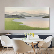 高档山水风景纯手绘油画现代原木风远山近水装饰画客厅挂画横版肌