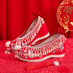 春秋季秀禾结婚鞋高低跟流苏红色翘头古装绣花汉服婚鞋坡跟小个子