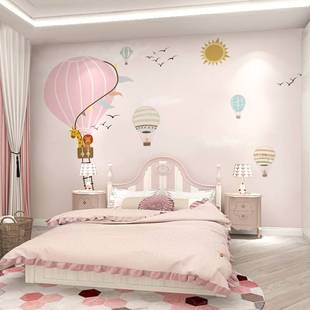 儿童房墙纸女孩梦幻云朵，热气球卧室床头，壁纸卡通粉色背景墙壁画