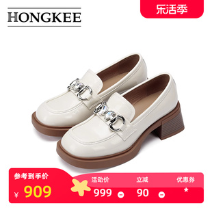 Hongkee/红科单鞋女2024春粗跟乐福鞋简约舒适女鞋HA54S105