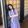 22新夏季香芋紫仙女甜美法式气质收腰小个子显高纯色短袖连衣长裙
