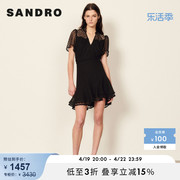 SANDRO Outlet女装春季V领蕾丝雪纺短袖法式黑色连衣裙SFPRO02293