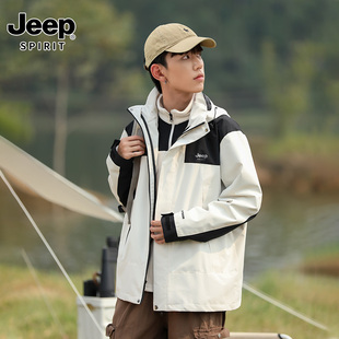 jeep吉普三合一冲锋衣秋冬季外套男防风，防水加绒加厚连帽夹克外套