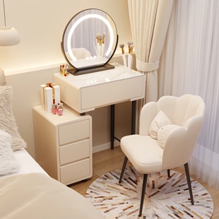 实木梳妆台卧室现代简约小户型，迷你奶油风简易化妆桌收纳柜一体