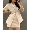 韩国chic夏季优雅V领单排扣纹理感口袋装饰短外套+高腰包臀半身裙