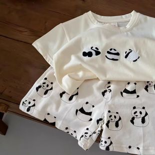 儿童套装夏季2023男女童熊猫短袖T恤宝宝夏装休闲满印短裤潮