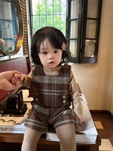 韩范童装冬季女童复古毛呢，套装洋气婴童宝宝格子坎肩马甲+短裤