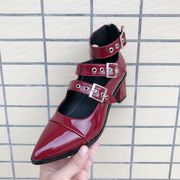 皮单鞋漆酒红色复古尖头高跟一字带2018欧美脚环玛丽珍女鞋