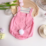 。夏日婴儿多巴胺穿搭一整套宝宝无袖连体，粉色包屁衣套装可爱超萌