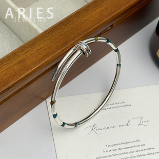 Aries 彩色满钻镶嵌钉子手环s925纯银椭圆小众设计轻奢高级感手镯