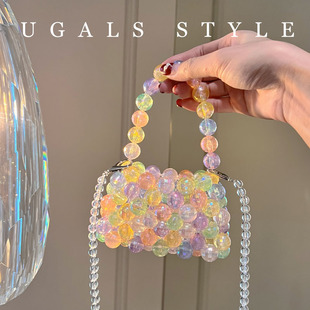 ugals法式仙女迷你糖果色，手工编织串珠，珍珠零钱饺子手提斜挎小包