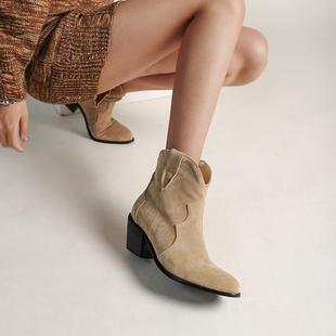 秋冬季欧美风复古短靴女时尚，磨砂外贸尖头中筒中跟骑士短靴子