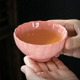 樱花粉冰裂建盏主人杯粉色，主人杯冰裂茶盏，莲花杯子个人用红色茶杯