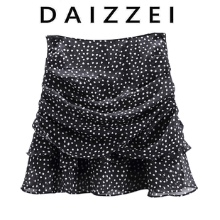 daizzei~2022夏黑白(夏黑白，)波点褶皱雪纺，小短裙蛋糕a字裙女半身纱裙