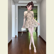 新中式国风女装水墨画印花挂脖连衣裙，小众设计高级感短裙小个子夏