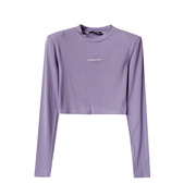 紫色圆领小个子套头T恤长袖短款露腰打底上衣A*18时尚休闲洋气