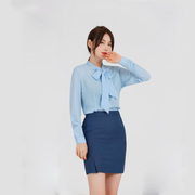 宝马领创工作服夏季女衬衫，职业女士雪纺衬衣，长袖蓝色商务工装