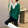 绿色假两件针织衫韩版衬衫领拼接薄款休闲毛衣2024春装欧洲站