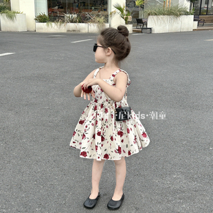 韩国童装2024夏女童复古玫瑰花朵连衣裙子儿童气质吊带背心裙