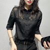 黑色衬衫女2023秋季洋气镂空复古中国风盘扣上衣立领长袖衬衣
