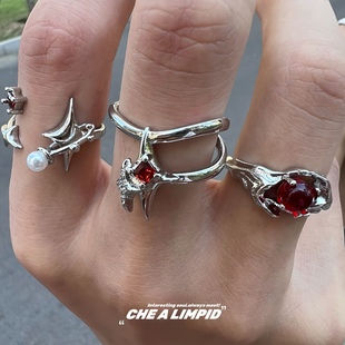 CHEALIMPID/.不规则红宝石戒指小众金属设计嘻哈高级感潮男女指环
