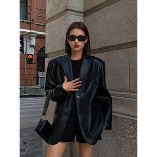 ousph黑色pu皮衣西装，外套女2024秋冬高级质感，宽松小西服夹克