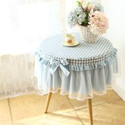 水洗纯蓝色格子小圆桌布，圆形家用圆桌m丝茶几棉棉蕾布圆床