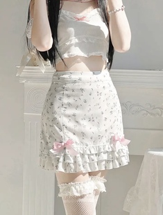 碎花半身短裙夏a字裙浅色，白色粉色蝴蝶结雪纺半身裙女萝莉日系裙