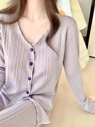 小香风紫色纯棉无领睡衣女春季2024带胸垫，一体长袖套装家居服