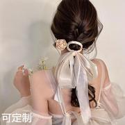 新中式发簪蝴蝶结飘带新娘头饰，中式花朵盘发簪子简约2022女