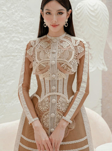 越南小众设计师款amy蕾丝，连衣裙水溶蕾丝长袖，收腰花苞裙摆度假裙