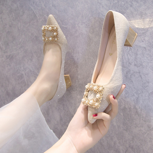 主婚纱婚鞋2024年新娘鞋，金色高跟鞋不累脚少女粗跟伴娘水晶鞋