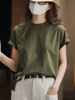 军绿色正肩短袖t恤夏季纯色，韩版宽松纯棉显瘦休闲圆领上衣女