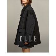 ELLE黑色设计感中长款翻领宽松棉衣女2023冬装加厚保暖外套