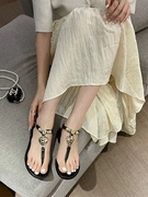 设计感夹趾时尚珍珠平底凉鞋，女鞋2023年夏季甜美水钻罗马单鞋