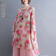 2023夏季民族风苎麻印花袍子，宽松显瘦中式改良茶服棉麻上衣女