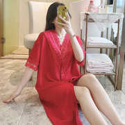 睡裙女夏季短袖冰丝性感大红色结婚新娘大码250斤高级感丝绸睡衣