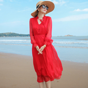夏季红色长袖复古真丝连衣裙高腰收腰显瘦V领气质连衣裙女中长款