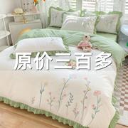高档韩式花边床上用品四件套水洗棉，床单被套田园公主风刺绣被罩床