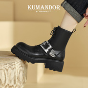 kumandor秋冬真皮厚底，马丁靴女潮酷粗跟短靴黑色英伦女靴