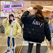 小女孩绗线棉棒球服夹克，韩版秋冬装洋气女童，印花字母菱格棉衣外套