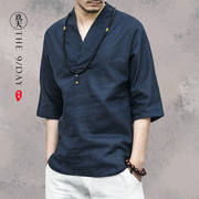 中国风男装夏季复古风棉麻T恤短袖男士亚麻上衣V领中式汉服七分袖