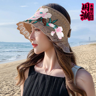 春夏季女民族风刺绣花棉布空顶沙滩帽防晒遮脸太阳帽可折叠遮阳帽